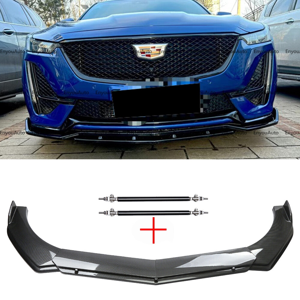 Carbon Fiber Front Bumper Lip Spoiler & Strut Rods for Cadillac ATS XTS CTS SRX