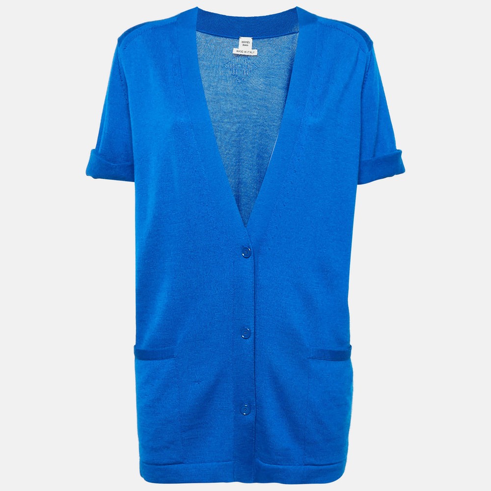 Hermes blue cashmere button-front cardigan with elegant detailing  