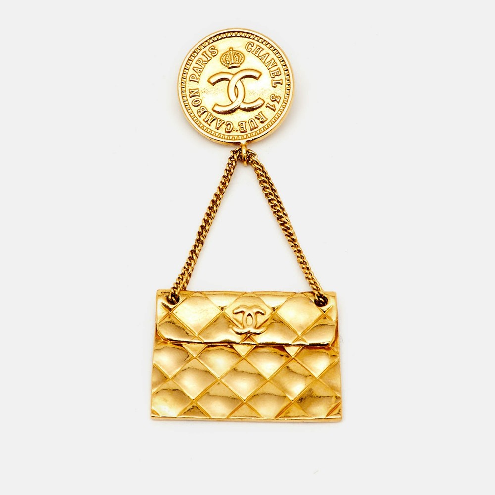 Chanel Gold Tone Hanging Flap Bag Motif Pin Brooch
