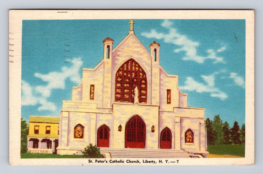 Liberty NY-New York, St Peters Catholic Church, Antique Vintage c1948 Postcard