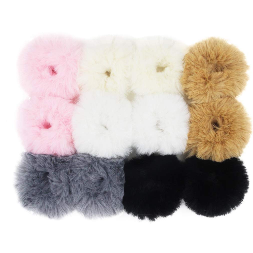 SUSULU Faux Fur Hair Bands, Set of 12 - Fluffy Fur Scrunchies for Women in 6 Col