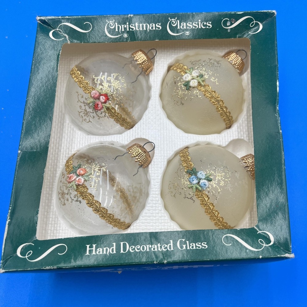 Vintage Christmas By Krebs Clear Glass Bauble Ornaments Set 4 Floral Medium
