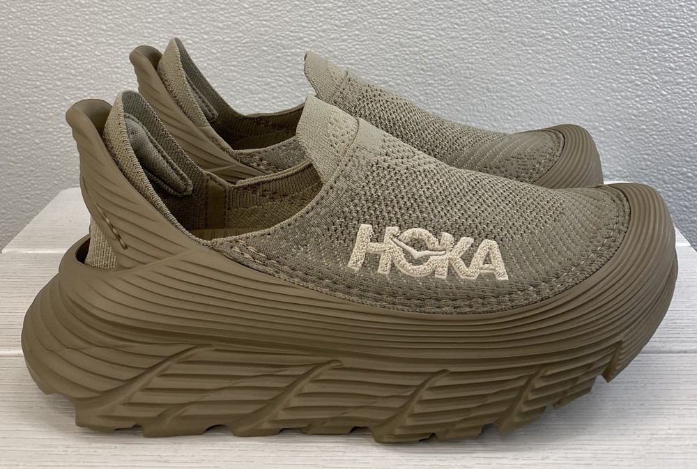 Hoka Restore TC Unisex Size M7 W8 Dune/Oxford Tan Sock Knit Slip On Sneakers