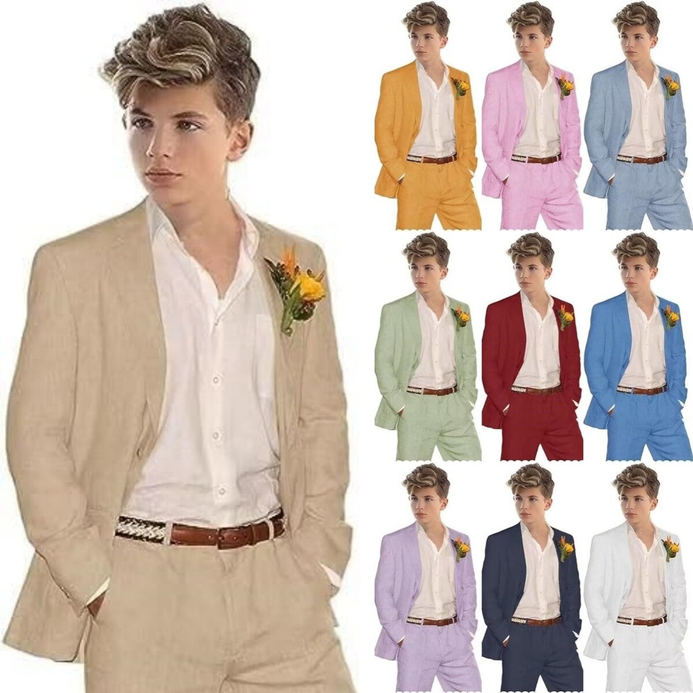Linen Boys Suits Tuxedo Suit Set for Teen Kids Blazer Vest Pants 2 Pieces Beach