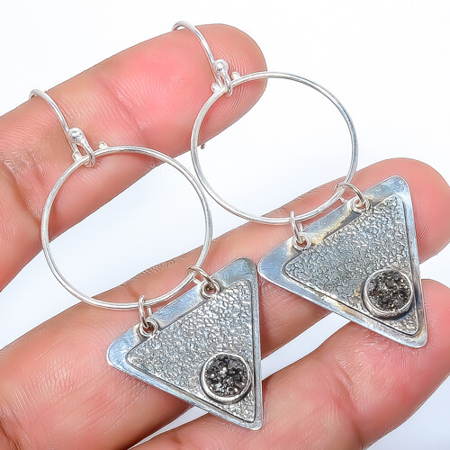 Titanium Carbon Agate Drusy 925 Sterling Silver Earring 2.42