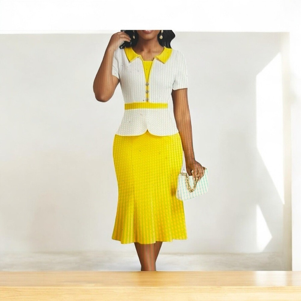 Elegant Yellow & White Women's Dress – Size XXL – Short Sleeve – NWOT