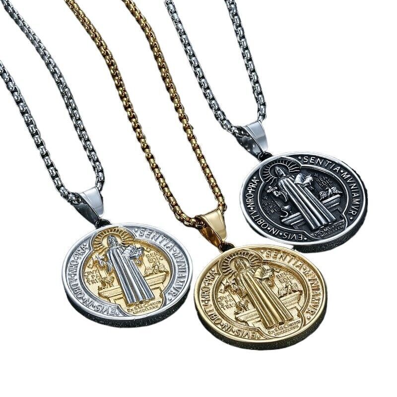 Stainless Steel Saint St Benedict Medal Crucifix Cross Exorcism Pendant Necklace