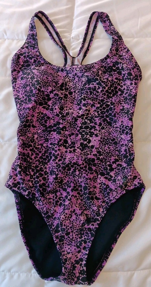 One-Piece Speedo Swimsuit, Size 6, Purple/Black Animal Print, Racerback, Lined