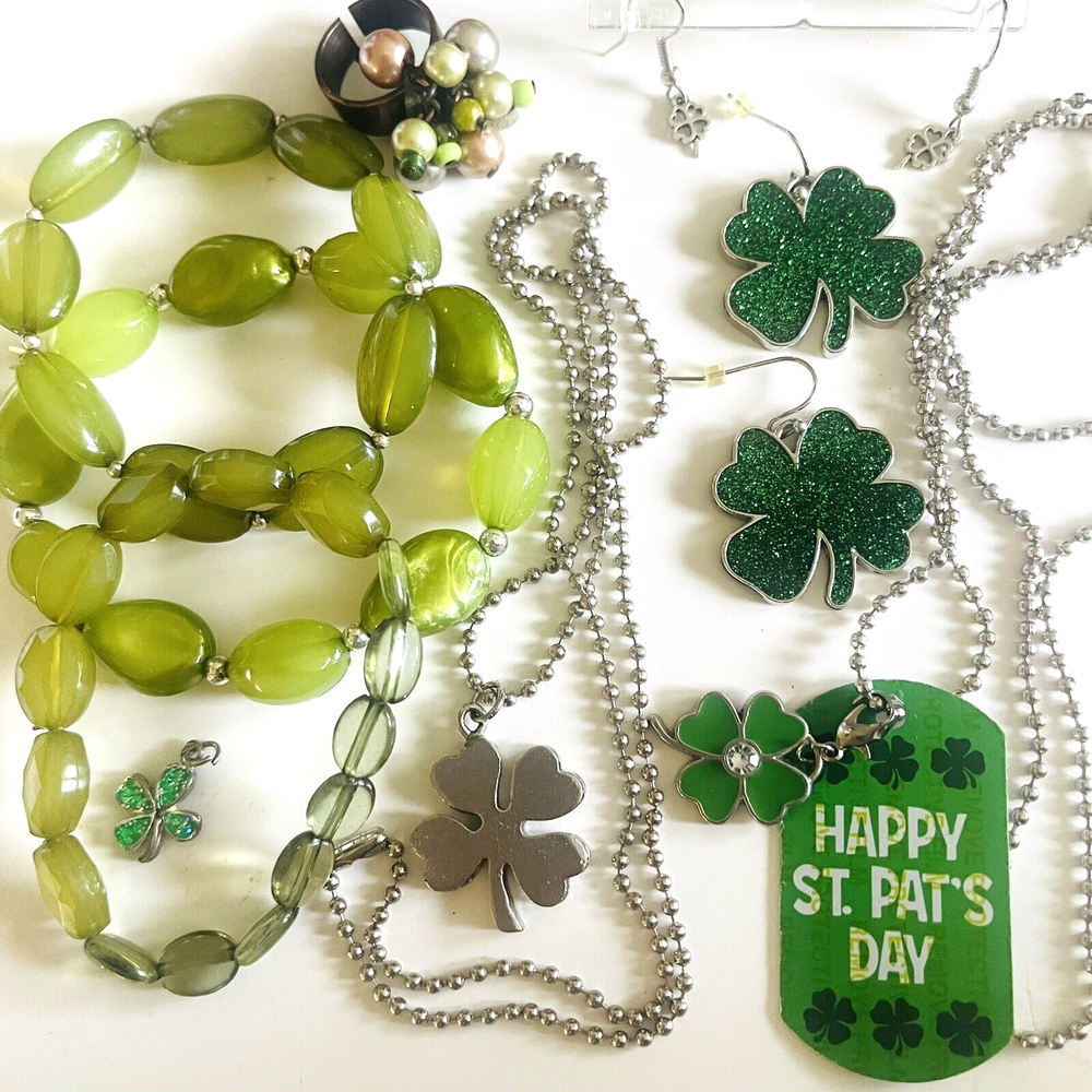 Vintage Green Shamrock Jewelry Set - Necklace, Bracelet, Earrings, Ring - Lucky Clover Costume Lot