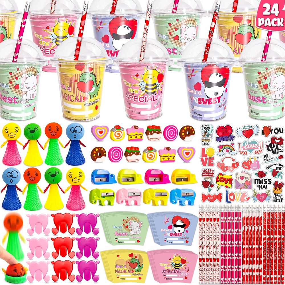 24 Pack Kids Valentines Day Cards with Stickers for School Class Exchange