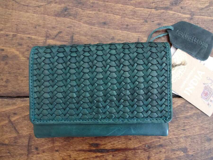 Handcrafted Dark Green Woven Soft Leather Trifold Clutch Wallet