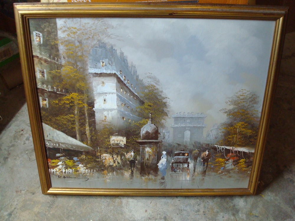 Vintage Artist Signed R. Saimon Framed Oil Painting Paris City Street Scene