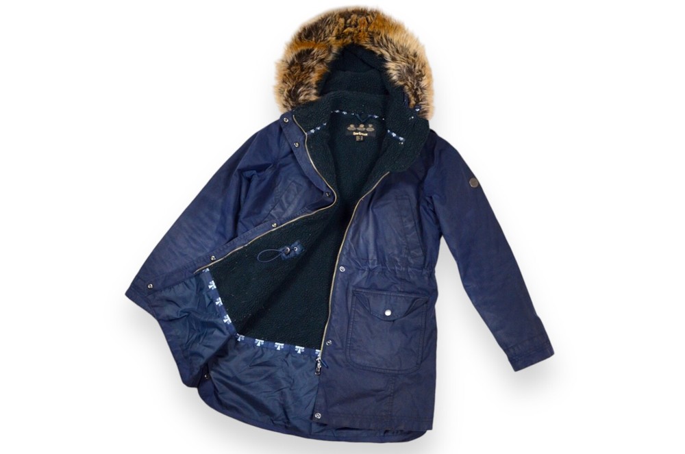 Women's Barbour Bridport Jacket Parka Wax Blue Hooded Fur England Size 12