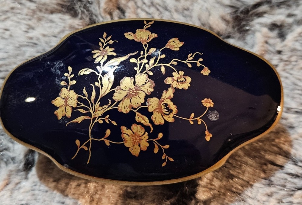Vintage Cobalt Blue Limoges Porcelain Jewelry Trinket Box