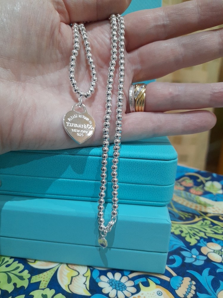 Tiffany&Co.925/SS ReturnToTiffany Large 🖤 Enamel/SS HeartTag 4mmBeaded Necklace