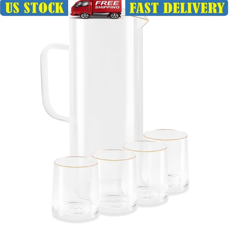 5-Piece Gold Rim Pitcher Drinking Glass Set Harvest Theme Entertaining Tableware