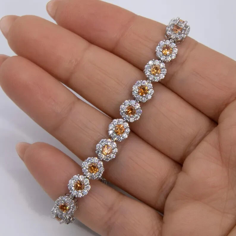 6.50 Ct Round Simulated Citrine Flower Tennis Bracelet 925 White Sterling Silver