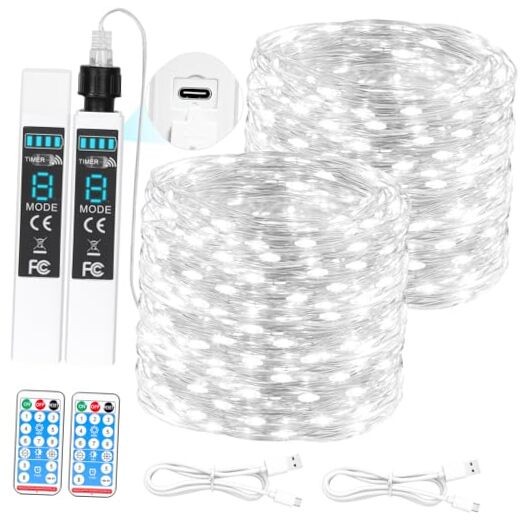 132FT Rechargeable Fairy Lights with 200 Cool White LEDs, 2x66FT Battery-Operated String Lights