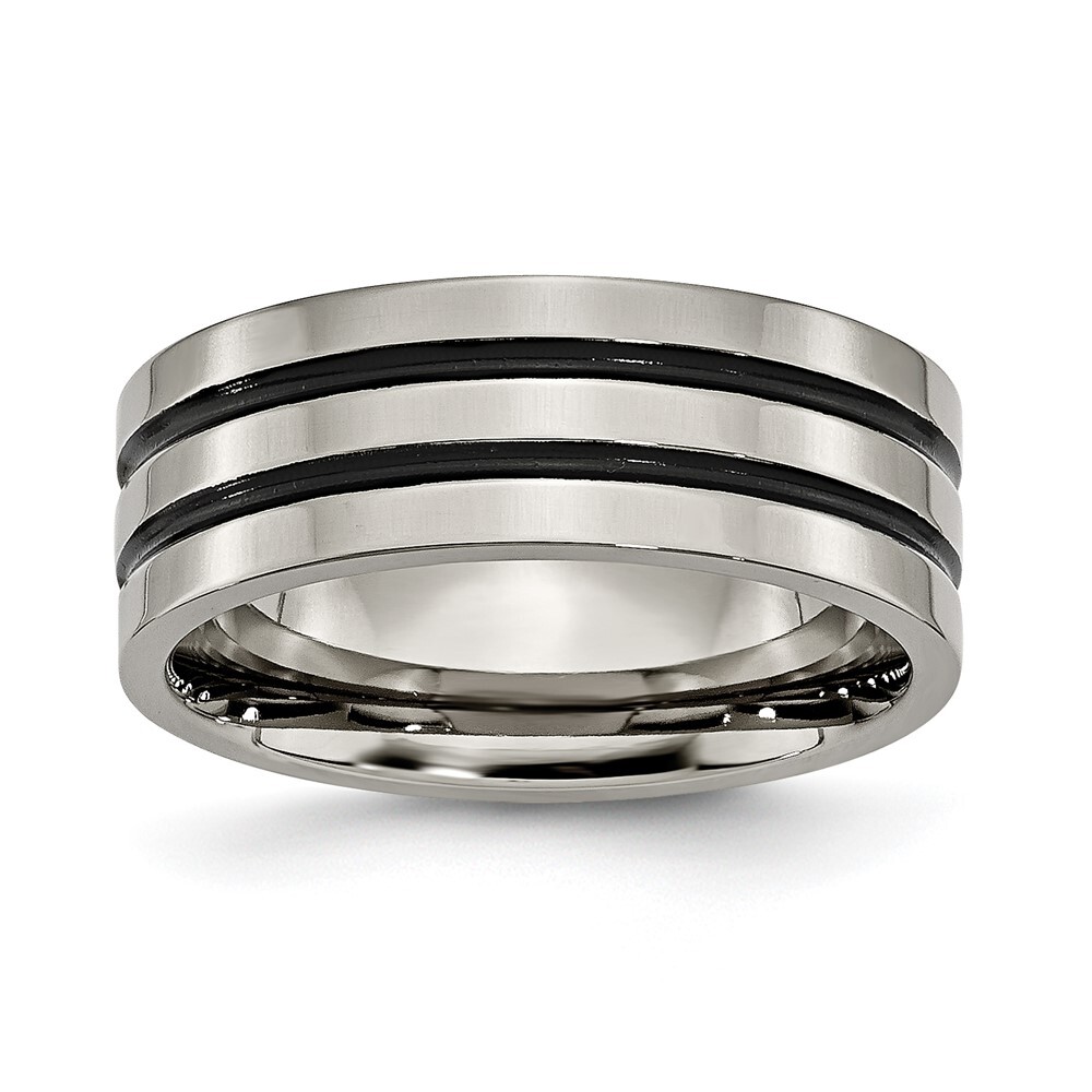 Titanium Polished Black Enamel Grooved 8mm Flat Band Ring Size 12
