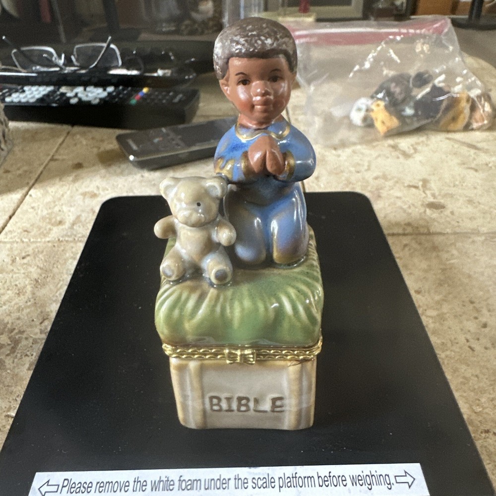 Religious Porcelain Kneeling Boy and Teddy Bear Hinged Trinket Box 4 5/8 Inch