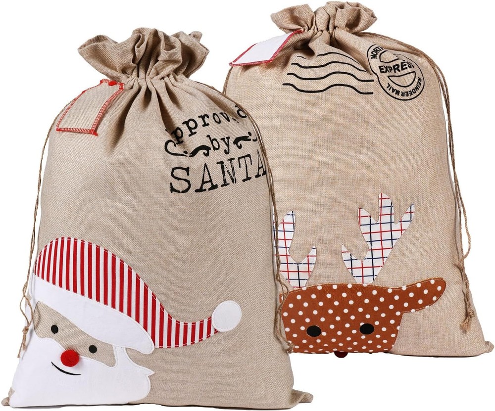 PEACELOVER 2 Pack Large Embroidered Santa Sack, Personilized Linen Christmas