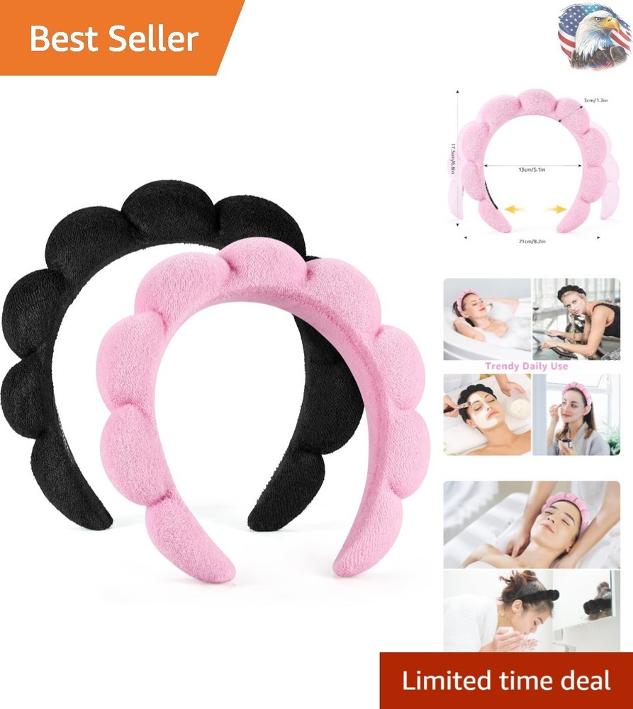 Luxury Terry Cloth Spa Headbands Set of 2 Black and Pink Beauty Essentials