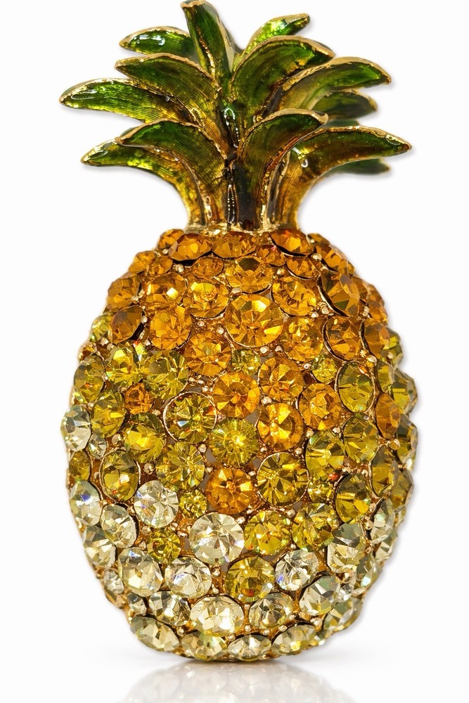 Vintage Pineapple Brooch Enamel & Rhinestone Yellow Green Gold Tone Statement