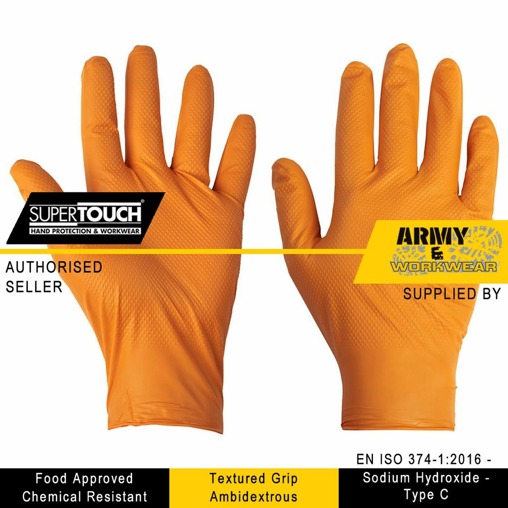 ST Orange Nitrile Gloves Heavy Duty with Diamond Grip Latex-Free Powder-Free Disposable