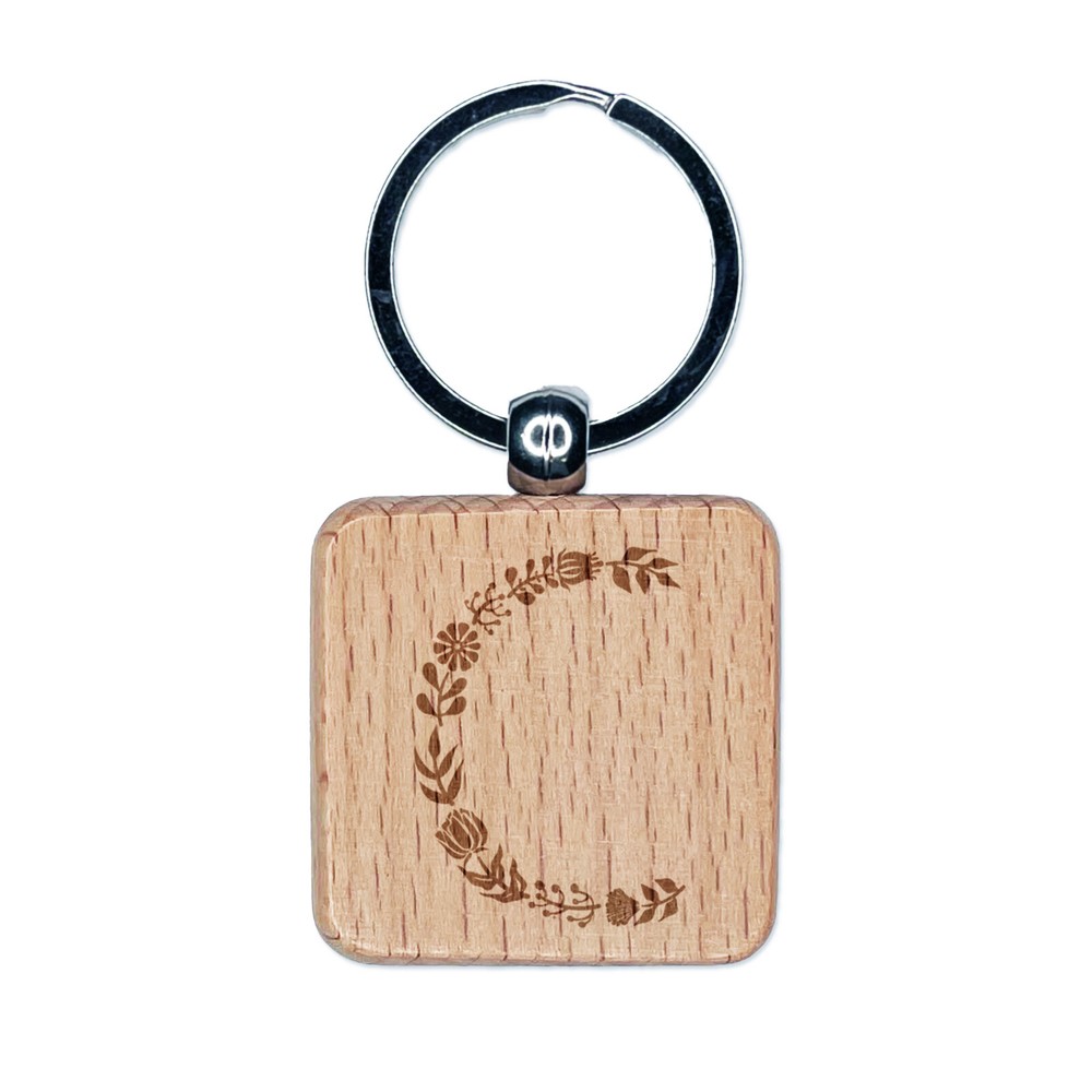Elegant Botanical Floral Letter C Engraved Wooden Square Keychain Charm  