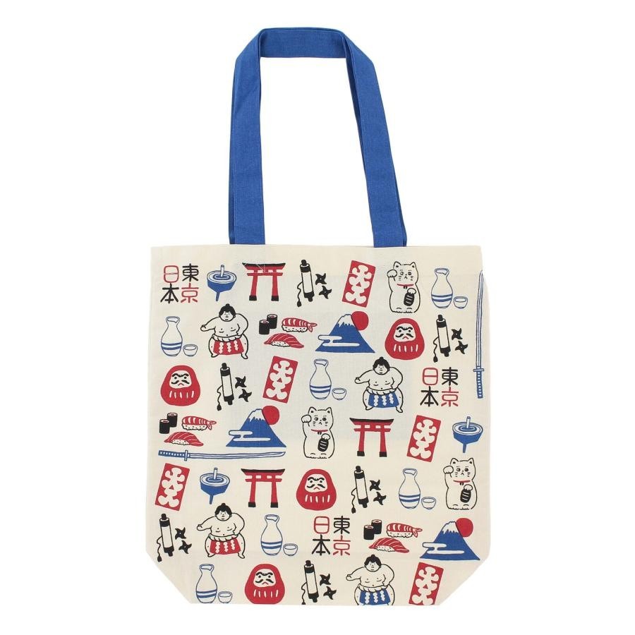 Japan-Themed A4 Eco Tote Bag Featuring Mount Fuji Daruma Sumo Torii Maneki Neko