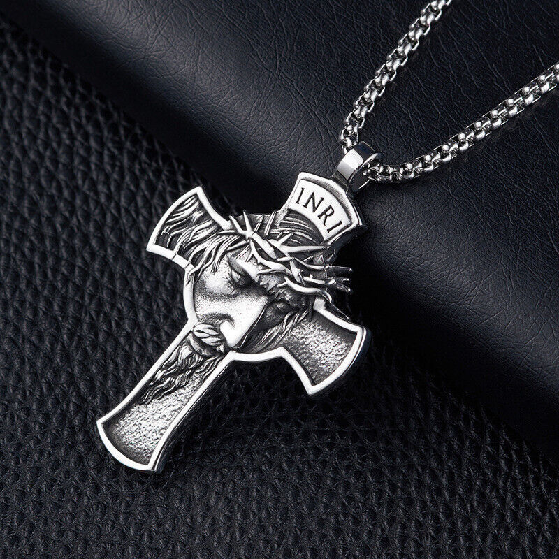 Jesus Christ Face Cross Pendant Necklace for Men Stainless Steel Crucifix Chain