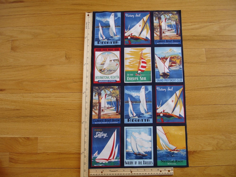 Boats Regatta I'd Rather be Sailing  Cotton Quilt Fabric Panel Blocks (12)