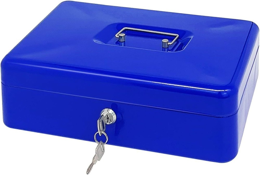 Steel Cash Box with Key Lock, Metal Small Money Blue - 11.8