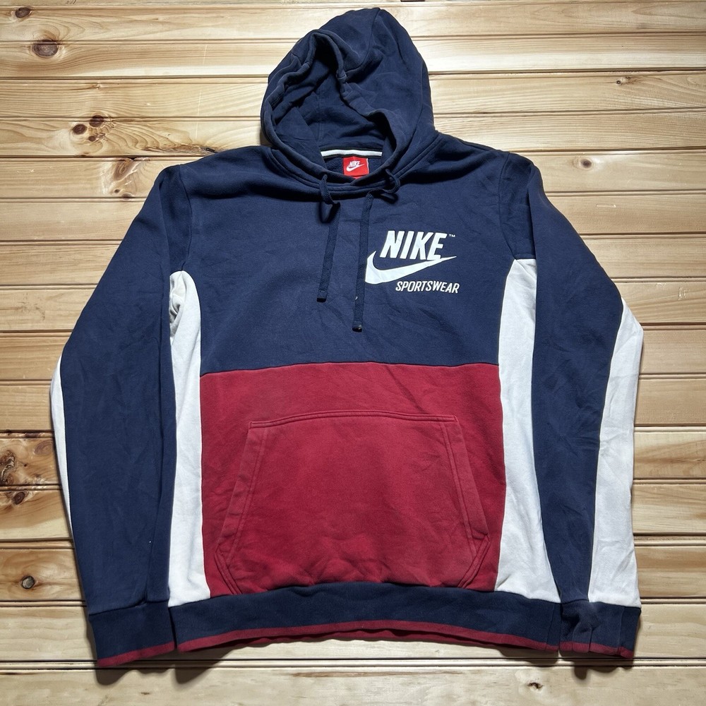 Nike Hoodie Mens Spell Out Swoosh Sportswear Pullover Hoodie Size Small Red Blue