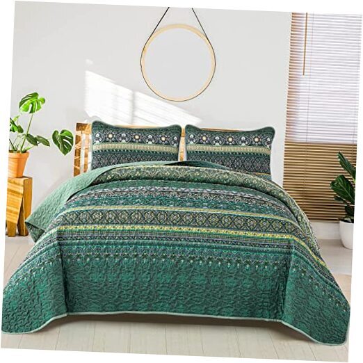 Boho Quilt Size Bohemian Quilt, Lightweight Microfiber Bed Decor Queen Green