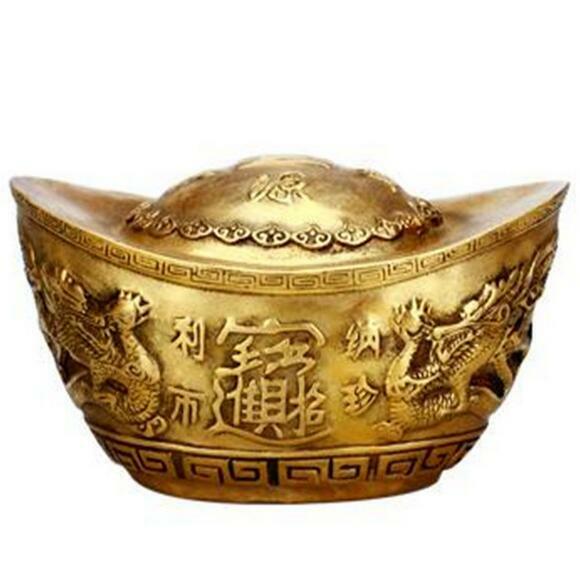Chinese Antique Fengshui Dragon Ingot Handmade Brass Statue Lucky Home Decor