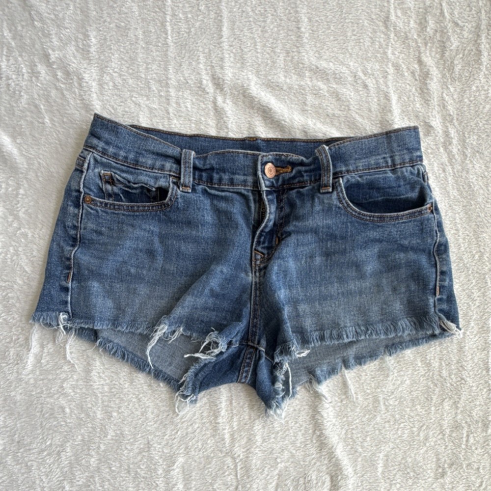Old Navy Boyfriend Denim Relaxed Cut-Off Shorts Frayed Hem Button Blue Sz 2 0008