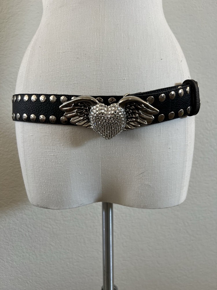 Beautiful black belt with studs, angel wings, and vintage rhinestones