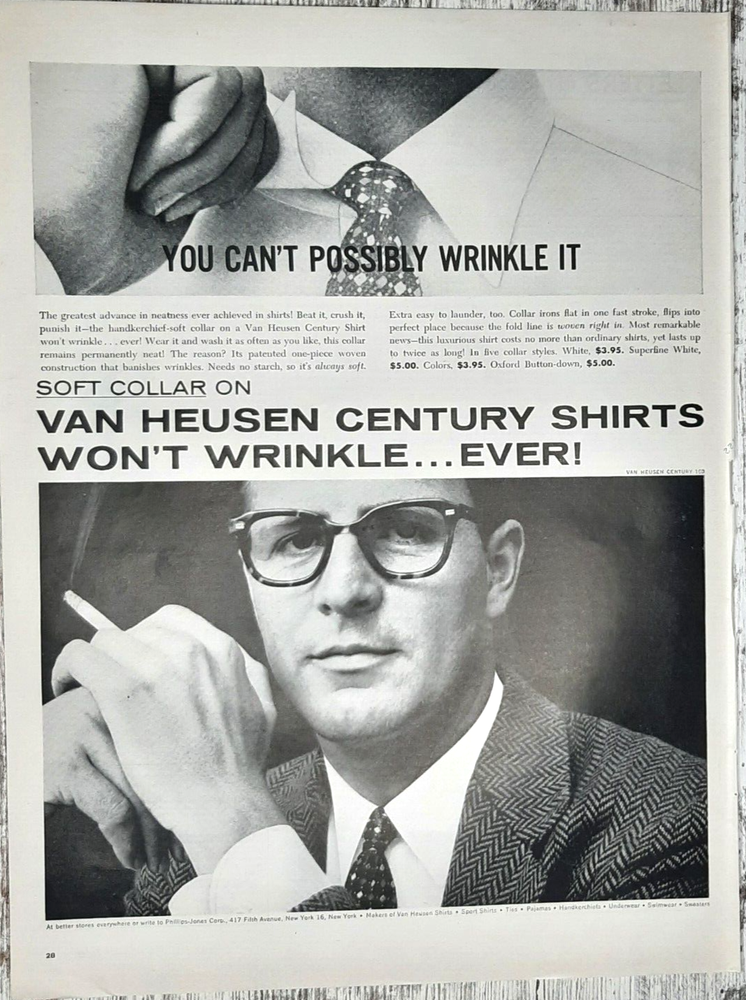 1956 Van Heusen Vintage Print Ad Shirt Century Wrinkle Free Collar Tie Suit Man