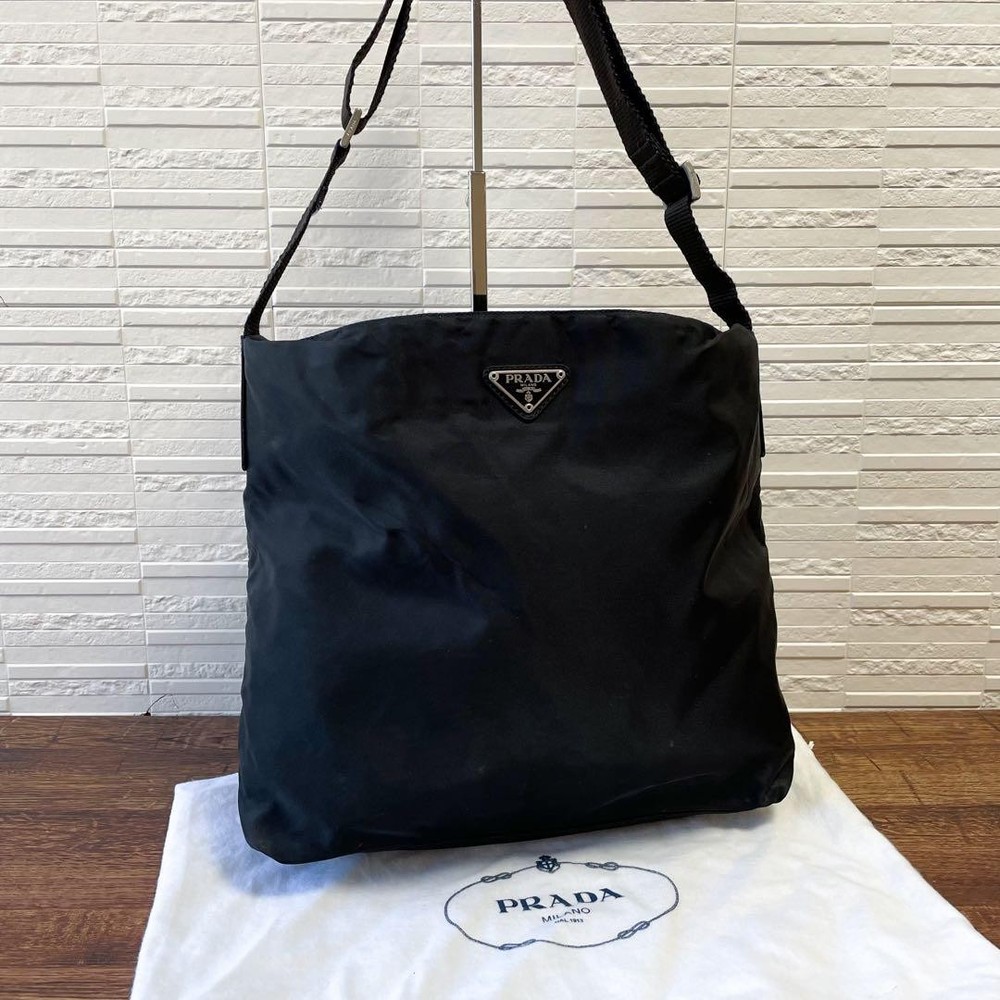 Prada Black Nylon Leather Triangle Logo Shoulder Bag Luxury Handbag