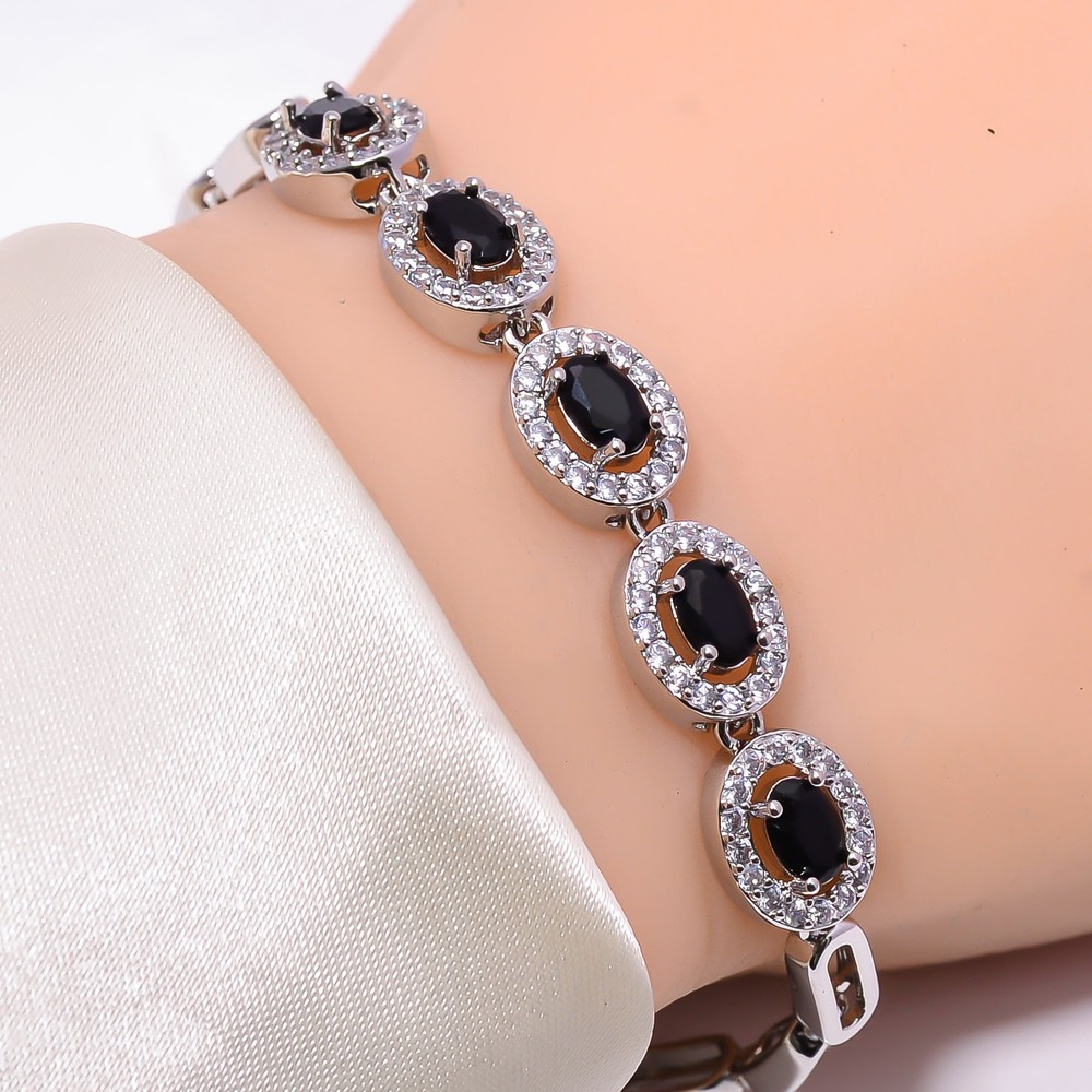Black Onyx & Cubic Zirconia 925 Sterling Silver Tennis Bracelet 7