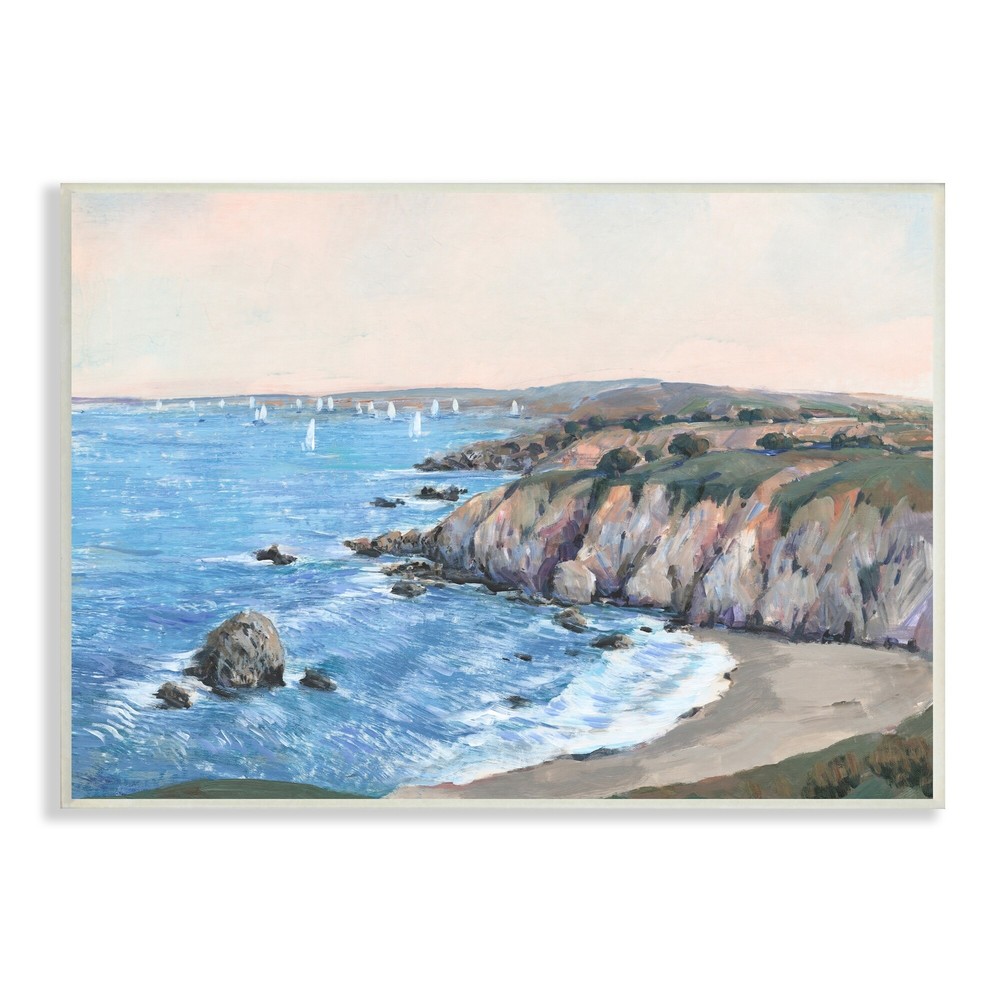 Stupell Ocean Coast Cove Distant Sailboats Beach Cliff Blue 15 x 10