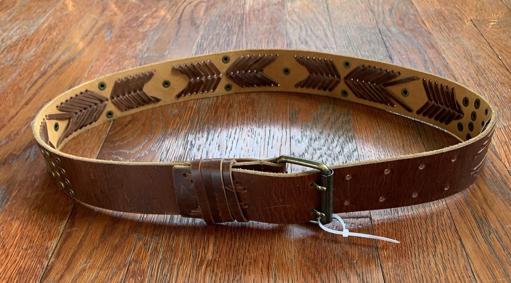 VTG 90s Betsey Johnson Genuine Leather Boho Belt with Brass Studs Brown Y2K Style
