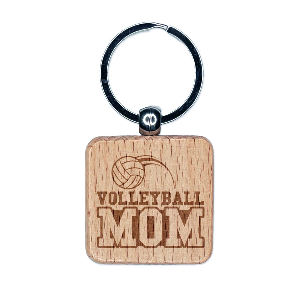 Volleyball Mom Text with Ball Engraved Wood Square Keychain Tag Charm