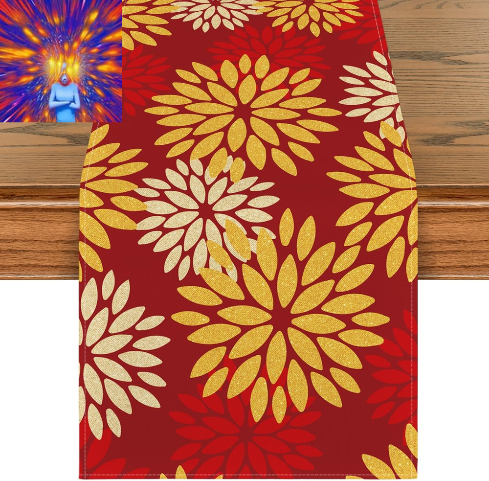 Red Orange Dahlia Floral 2025 New Year Table Runner, Spring Festival Winter Holi