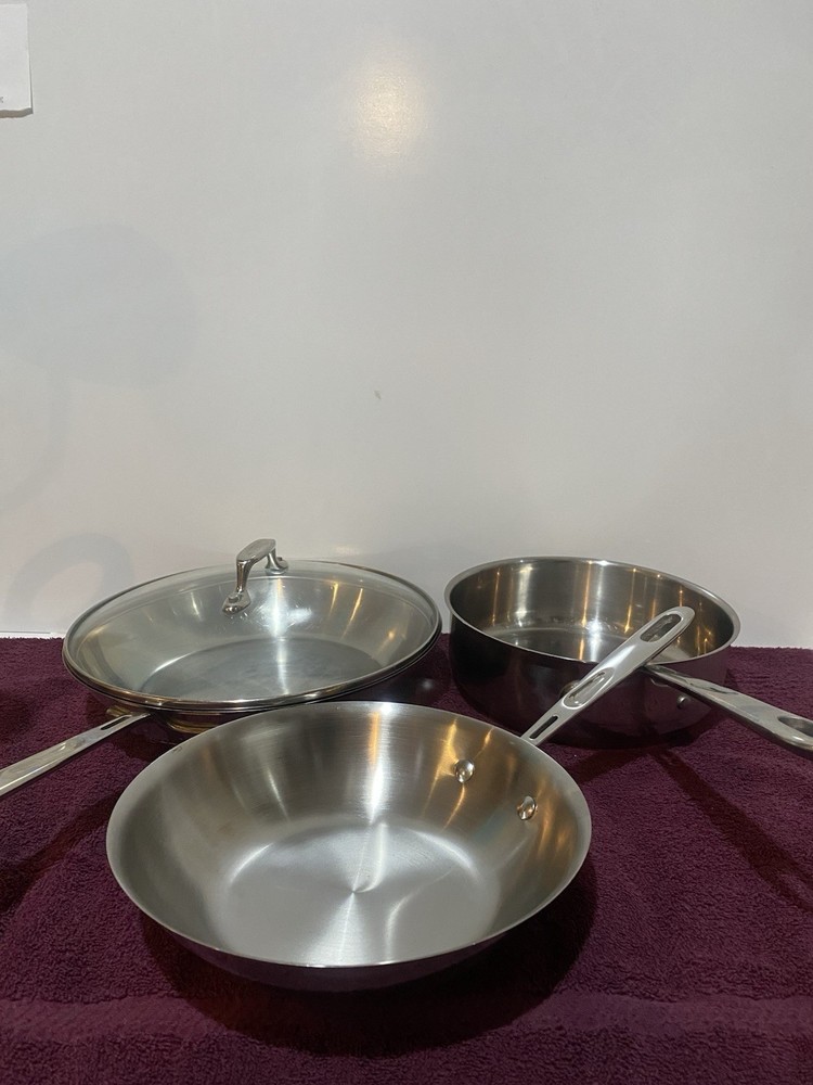 Emeril Stainless Cookware, Lot Of 3, 10” Skillet W/lid, 8” Skillet, 2 Qt Skillet