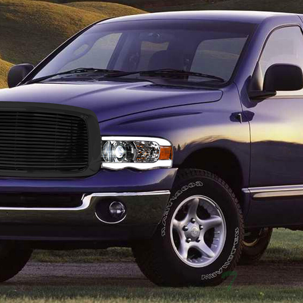 TLAPS For 02-05 Ram Chrome Full LED Bar Projector Headlights Amber+Blk H Grille