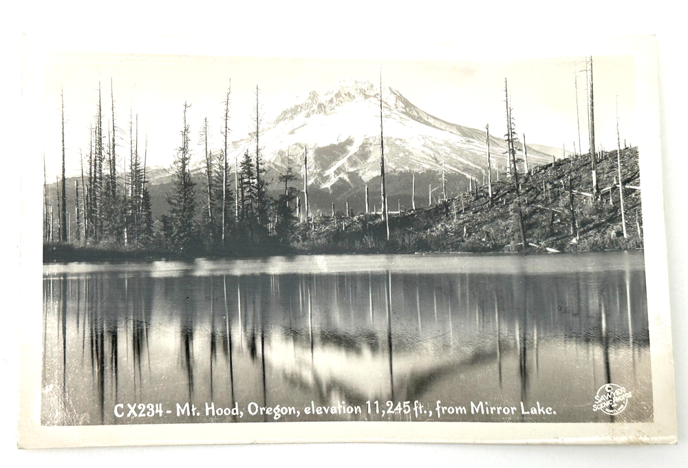 Mt. Hood Oregon RPPC from Mirror Lake – Classic Real Photo with Reflection