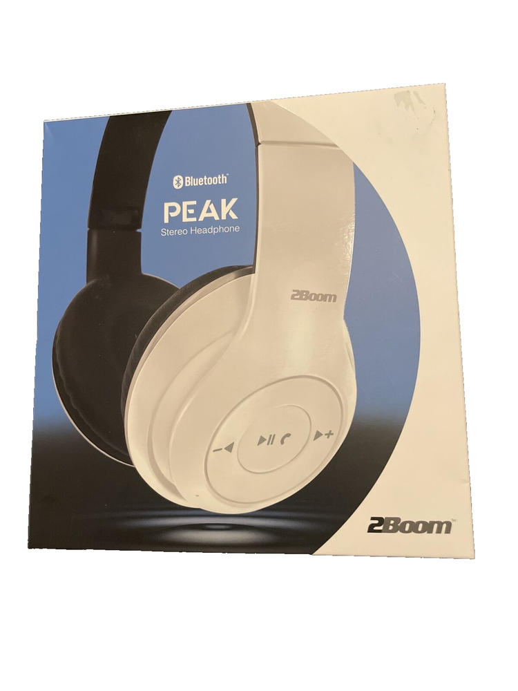 2Boom Peak Stereo Bluetooth Headphones with Mic - White Foldable Design