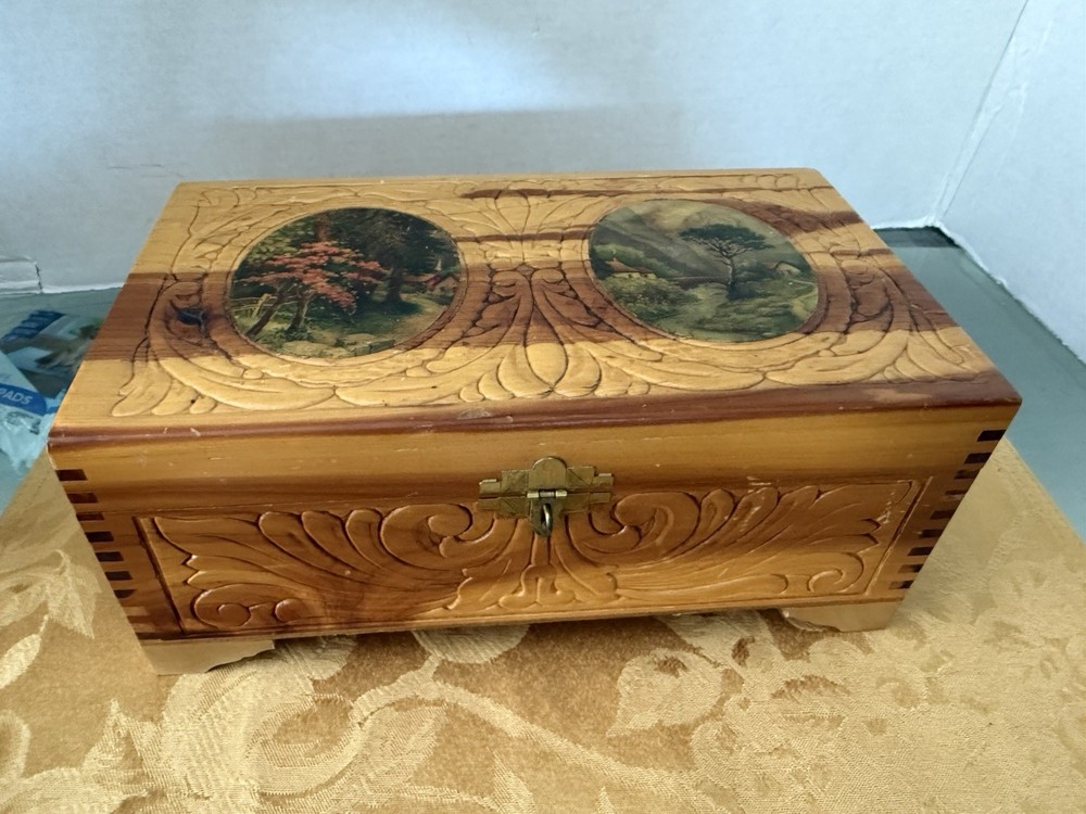 1930s Art Deco Cedar Jewelry Box with Italian Villa Lake Carvings and Mirror